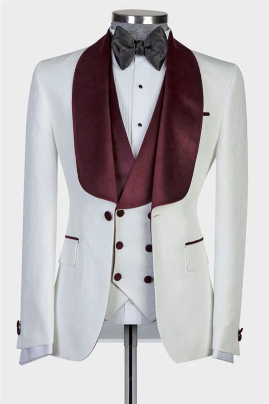 New Arrival White Three Pieces Wedding Suits With Burgundy Shawl Lapel-BMbridal