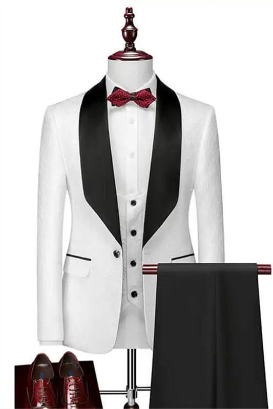 White Shawl Lapel Close Fitting Three Pieces Men Suits For Wedding-BMbridal