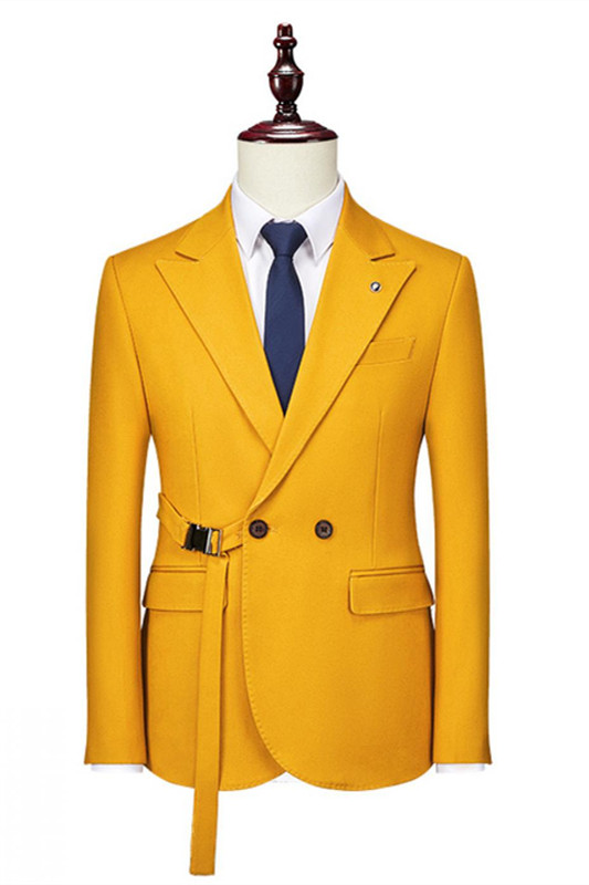 Fancy Yellow Double Breasted Peaked Lapel Prom Suits-BMbridal