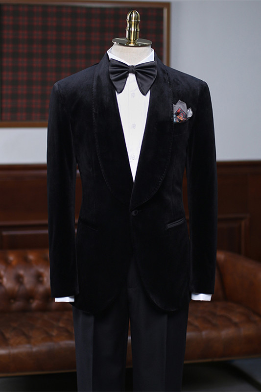 Bespoke Black Shawl Lapel Velvet Wedding Suits For Men-BMbridal