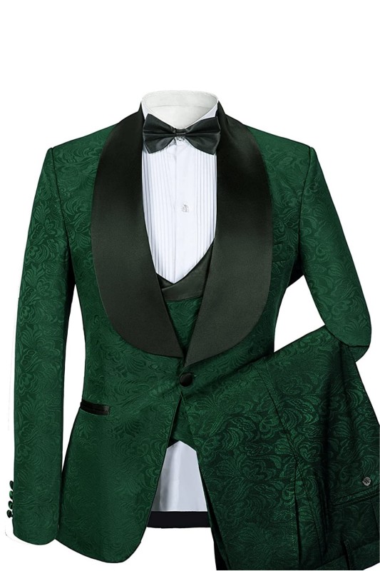 Chic Green Jacquard Shawl Lapel Three Pieces Wedding Suits-BMbridal