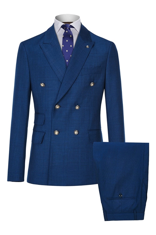 Deep Blue Plaid Double Breasted Close Fitting Men Suits For Business-BMbridal