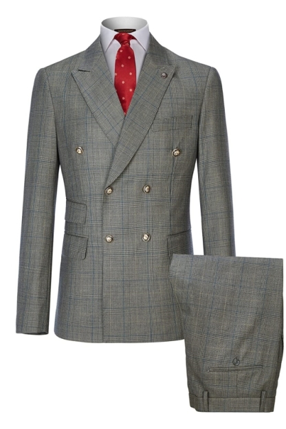Formal Gray Double Breasted Plaid Business Suits For Men-BMbridal
