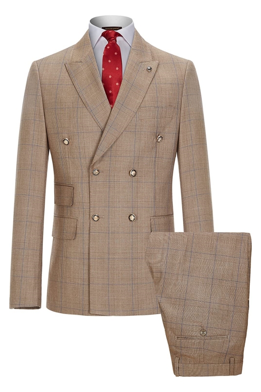 Newest Khaki Double Breasted Plaid Business Suits-BMbridal