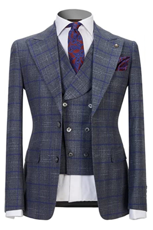 Gary Peaked Lapel Close Fitting Three Pieces Plaid Men Suits For Business-BMbridal