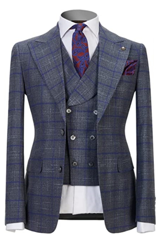 Gary Peaked Lapel Close Fitting Three Pieces Plaid Men Suits For Business-BMbridal