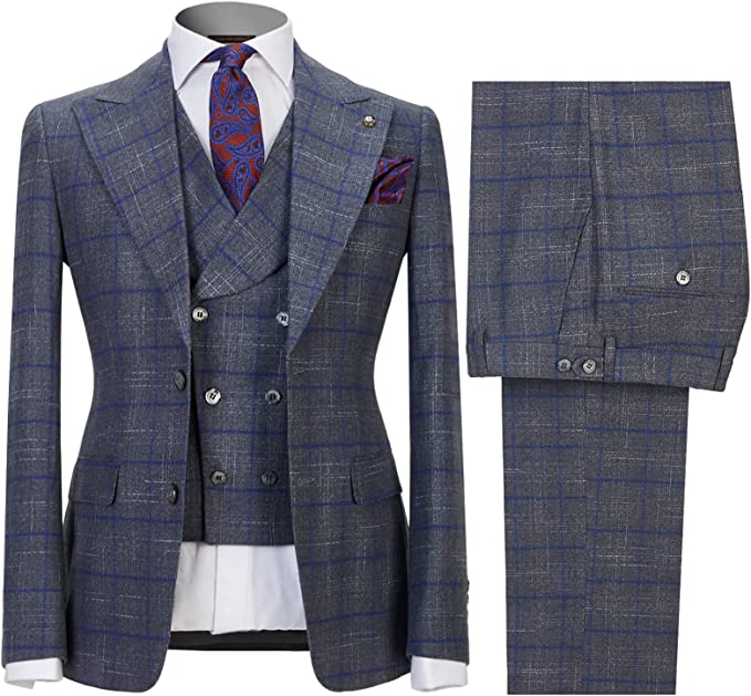 Gary Peaked Lapel Close Fitting Three Pieces Plaid Men Suits For Business-BMbridal