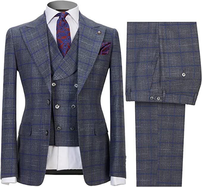 Gary Peaked Lapel Close Fitting Three Pieces Plaid Men Suits For Business-BMbridal
