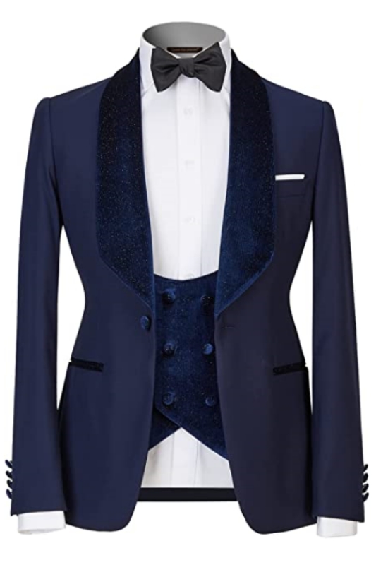 Navy Blue Close Fitting Three Pieces Men Suits For Wedding-BMbridal