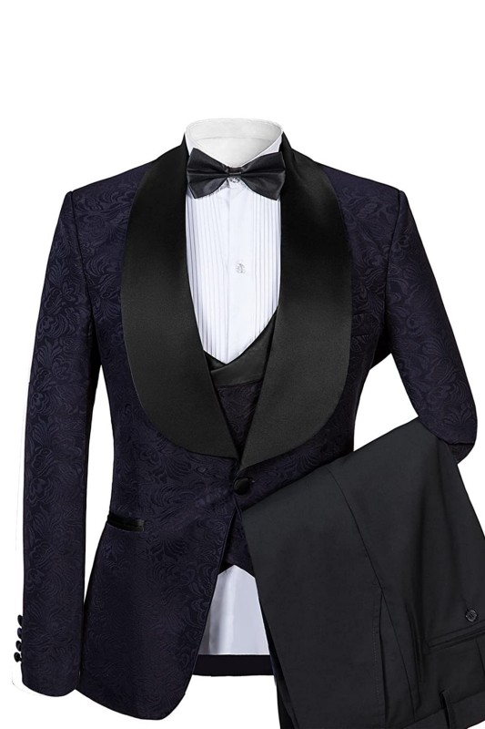 Glamorous Black Shawl Lapel Three Pieces Jacquard Men Suits For Wedding-BMbridal