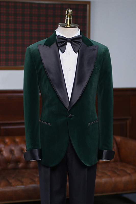 Bespoke Deep Green Peaked Lapel Velvet Men Suits For Prom-BMbridal