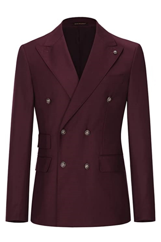 Fancy Burgundy Peaked Lapel Double Breasted Men Suits For Prom-BMbridal