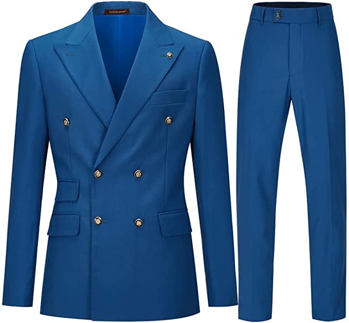 Simple Blue Double Breasted Peaked Lapel Prom Suits-BMbridal
