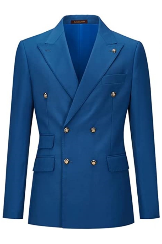 Simple Blue Double Breasted Peaked Lapel Prom Suits-BMbridal
