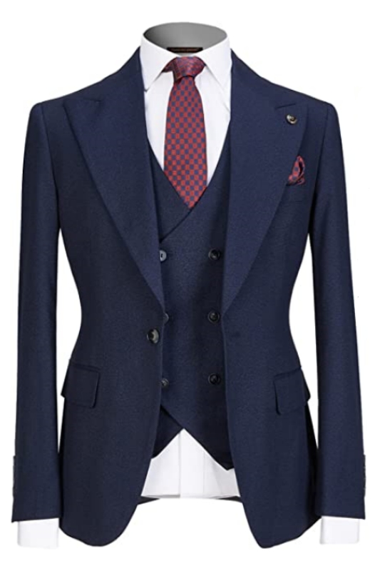 Formal Navy Blue Peaked Lapel Three Pieces Men Suits For Business-BMbridal