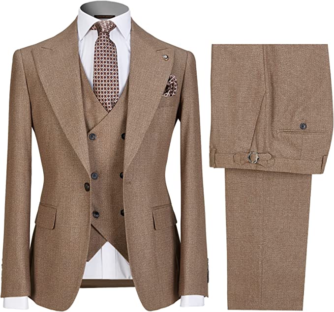 Glamorous Khaki Peaked Lapel Three Pieces Business Suits For Men-BMbridal