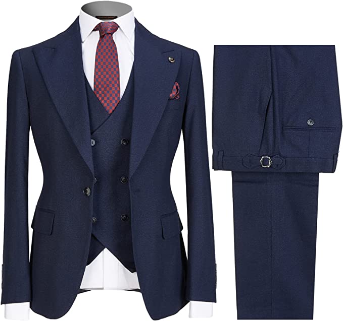 Formal Navy Blue Peaked Lapel Three Pieces Men Suits For Business-BMbridal