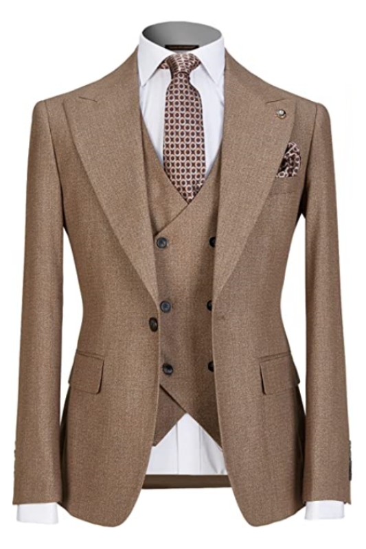 Glamorous Khaki Peaked Lapel Three Pieces Business Suits For Men-BMbridal