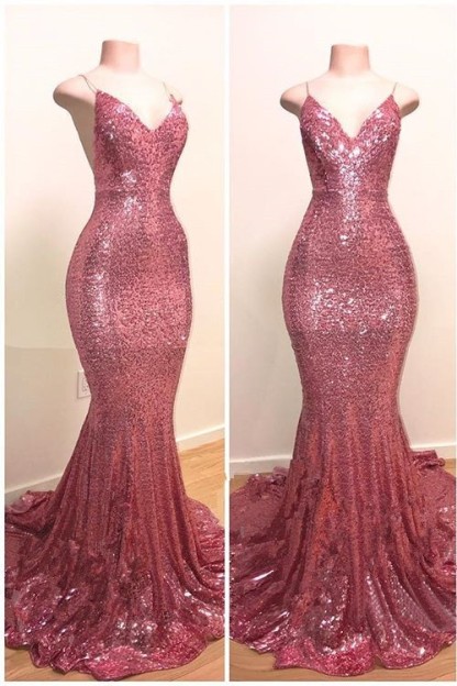 Bmbridal Spaghetti-Straps Sequins Prom Dress Mermaid Long On Sale