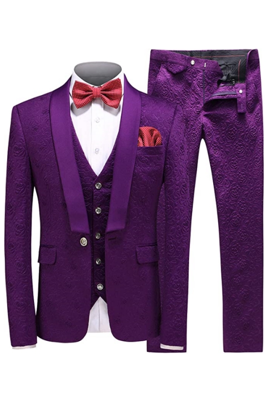 Modern Purple Shawl Lapel Three Pieces Jacquard Men Suits For Wedding-BMbridal