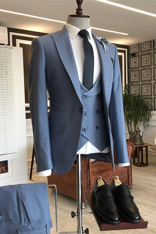 Bespoke Dusty Blue Peaked Lapel Three Pieces Men Suits For Business-BMbridal