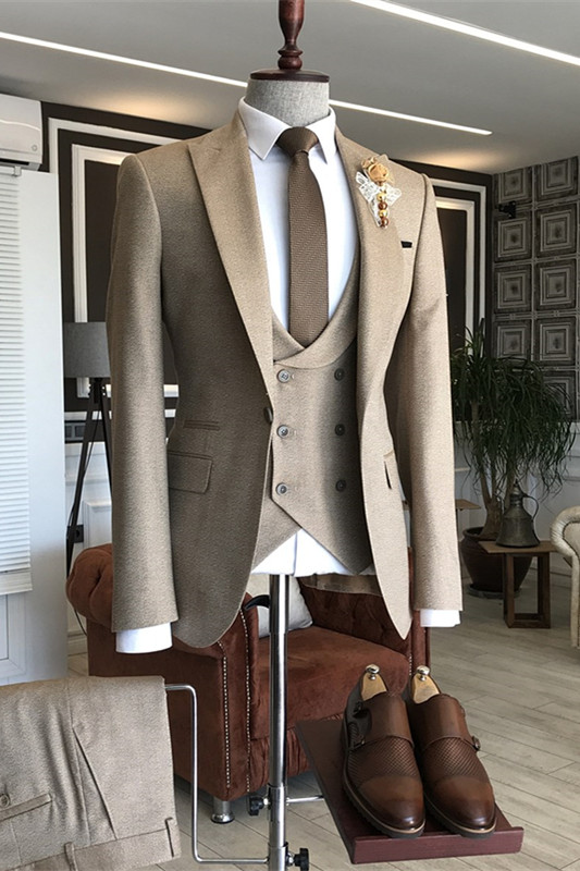 Khaki Gray Peaked Lapel Slim Fit Three Pieces Men Suits For Business-BMbridal