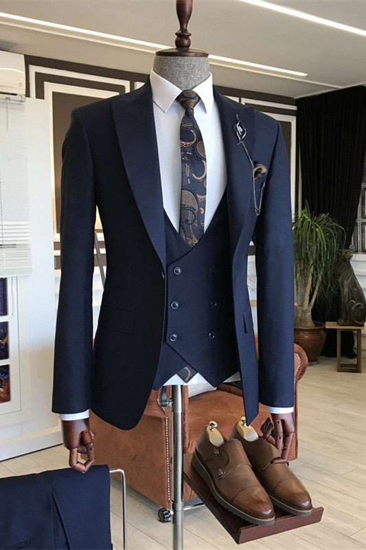 Formal Navy Blue Peaked Lapel Three Pieces Business Suits-BMbridal