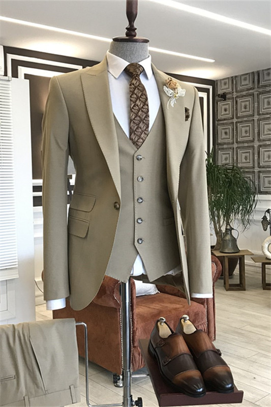 Simple Light Brown Peaked Lapel Three Pieces Men Suits For Prom-BMbridal
