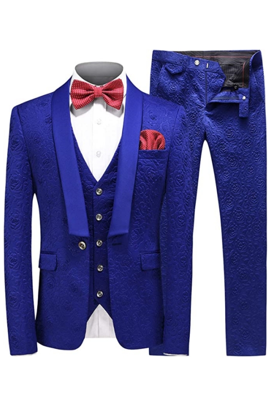 Stylish Royal Blue Shawl Lapel Three Pieces Jacquard Men Suits For Wedding-BMbridal