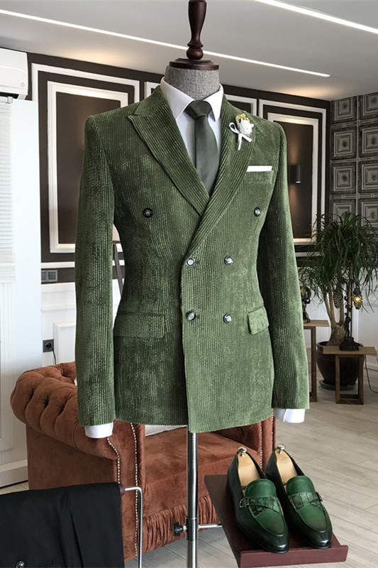Chic Green Peaked Lapel Double Breasted Corduroy Men Suits For Prom-BMbridal