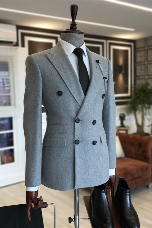 Formal Gray Peaked Lapel Double Breasted Men Suits For Business-BMbridal