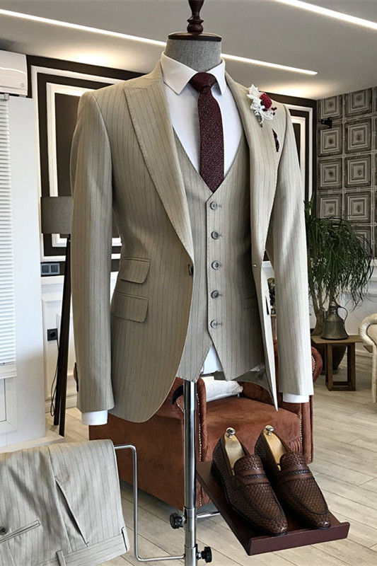 Light Khaki Striped Peaked Lapel Three Pieces Slim Fit Men Suits For Business-BMbridal
