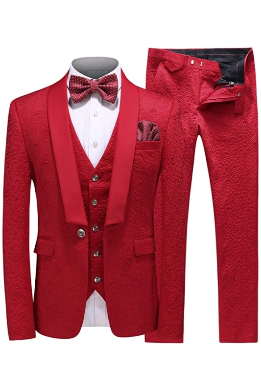 Chic Red Shawl Lapel Three Pieces Jacquard Men Suits For Wedding-BMbridal