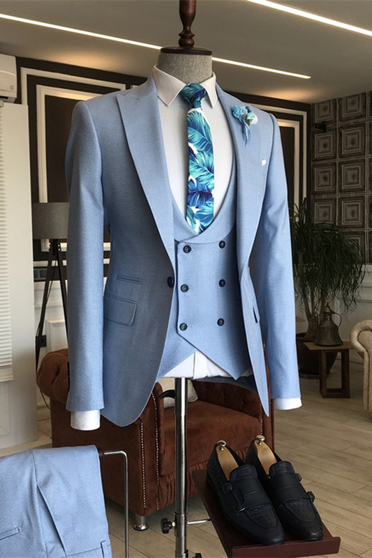 Modern Sky Blue Peaked Lapel Three Pieces Men Suits For Prom-BMbridal