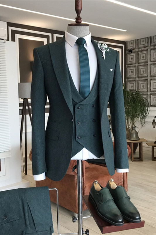 Deep Turquoise Peaked Lapel Close Fitting Three Pieces Men Suits For Prom-BMbridal