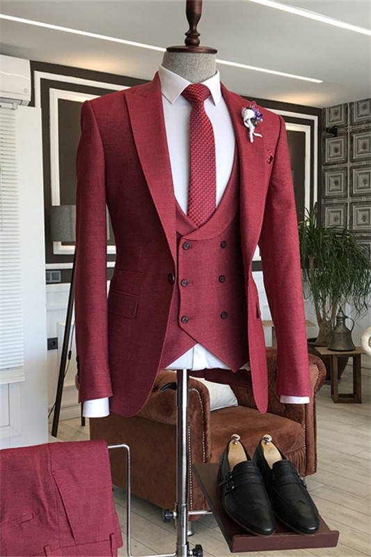 Bespoke Burgundy Peaked Lapel Three Pieces Prom Suits-BMbridal