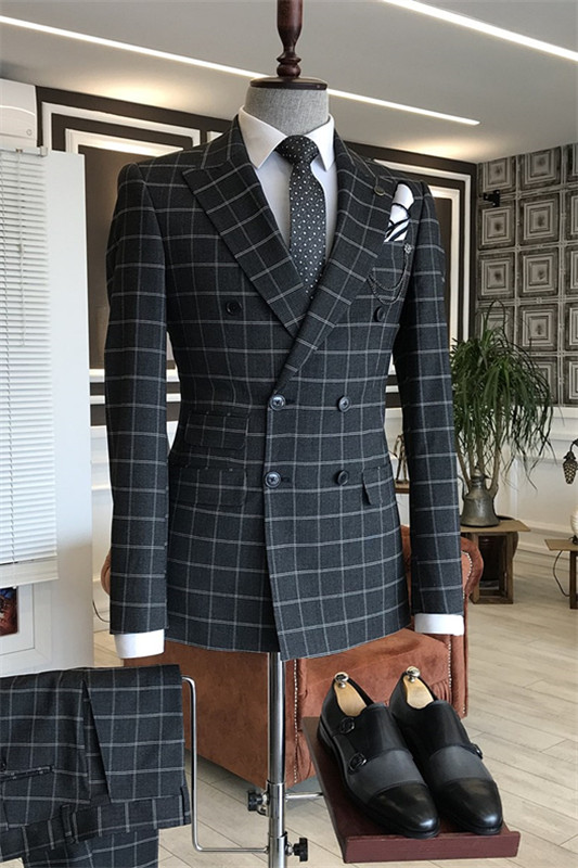 Bespoke Black Peaked Lapel Double Breasted Plaid Men Suits For Business-BMbridal