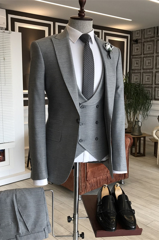 Deep Gray Peaked Lapel Slim Fit Three Pieces Business Suits For Men-BMbridal