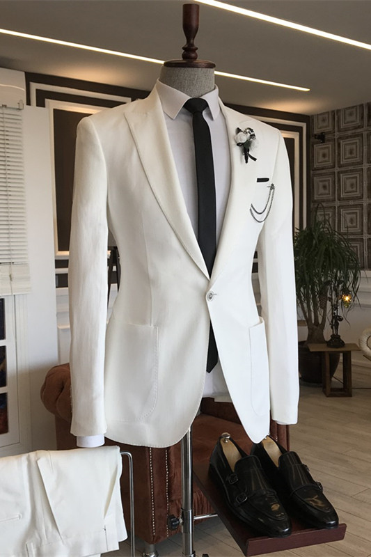 Simple White Peaked Lapel Men Suits For Prom-BMbridal