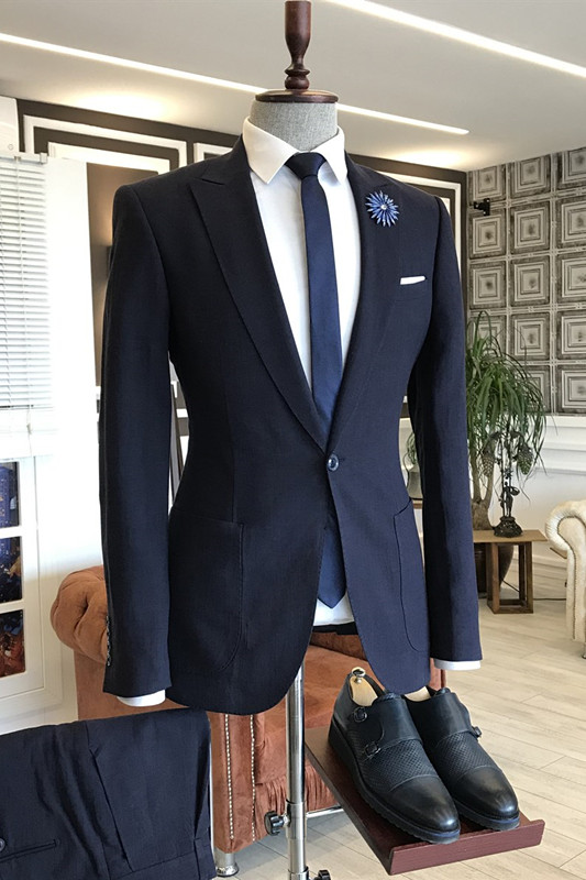 Bespoke Navy Blue Peaked Lapel Business Suits For Men-BMbridal