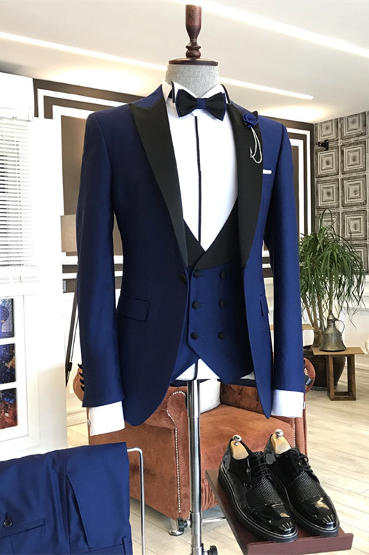 Blue Peaked Lapel Three Pieces Close Fitting Prom Suits-BMbridal