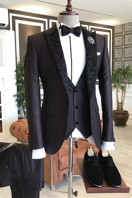 Stylish Deep Wine Three Pieces Prom Suits With Black Jacquard Peaked Lapel-BMbridal