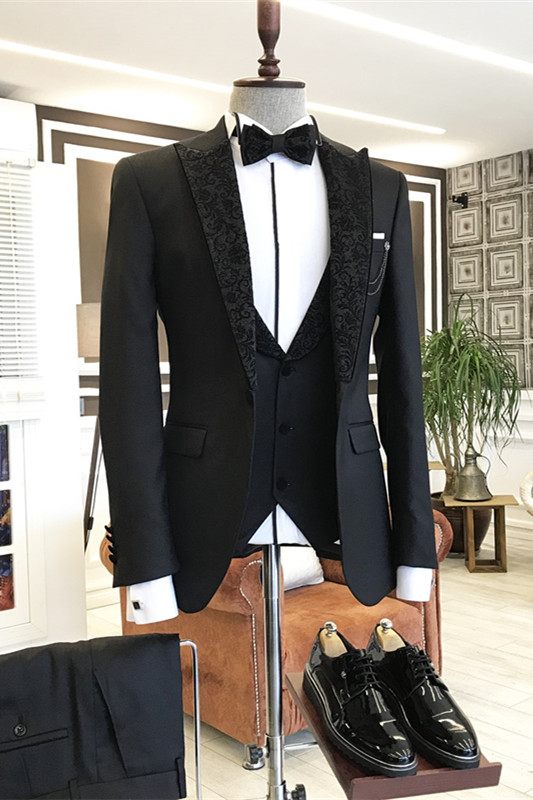 Modern Black Three Pieces Prom Suits With Jacquard Peaked Lapel-BMbridal