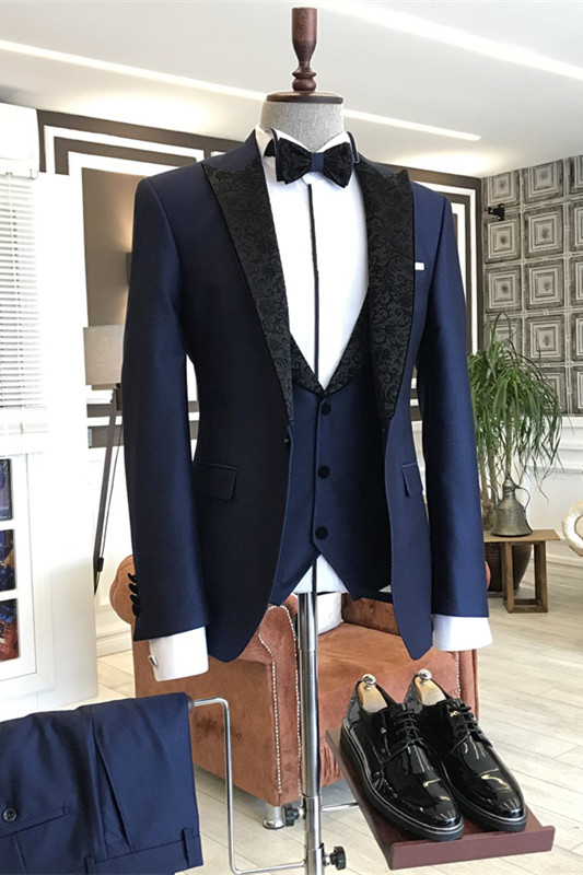 Fancy Navy Blue Three Pieces Prom Suits With Black Jacquard Peaked Lapel-BMbridal