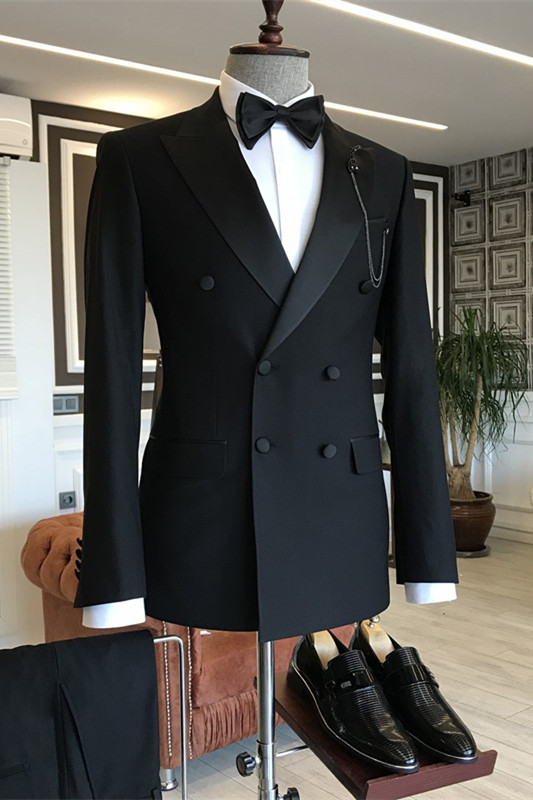 Black Peaked Lapel Double Breasted Slim Fit Men Suits For Business-BMbridal