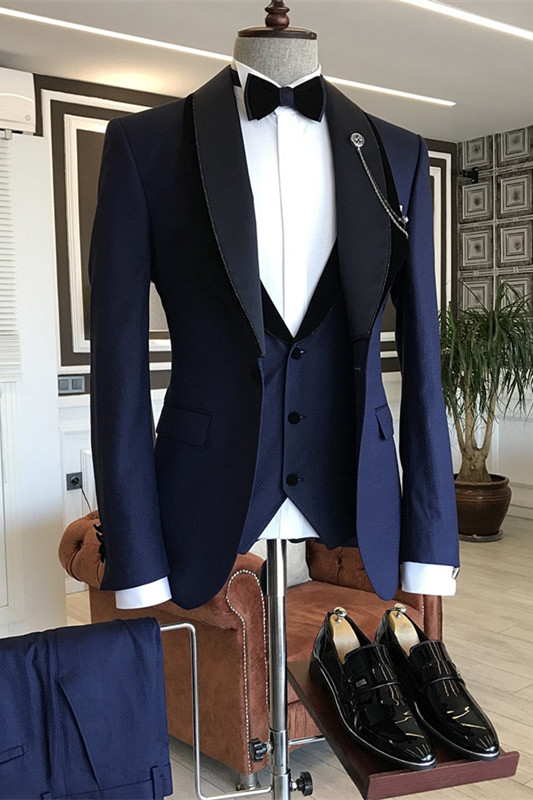 Navy Blue Shawl Lapel Three Pieces Fancy Wedding Suits-BMbridal