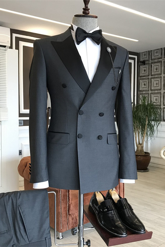 Deep Gray Peaked Lapel Double Breasted Close Fitting Business Suits-BMbridal