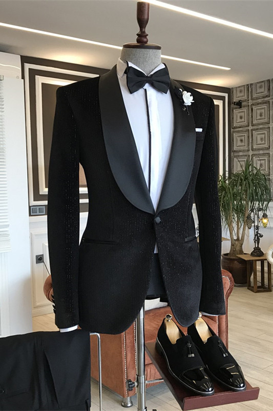 Simple Black Shawl Lapel Two Pieces Corduroy Wedding Suits-BMbridal