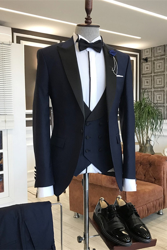 Navy Blue Peaked Lapel Three Pieces Slim Suits For Business-BMbridal