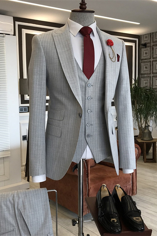 Gray Striped Peaked Lapel Three Pieces Close Fitting Men Suits For Business-BMbridal